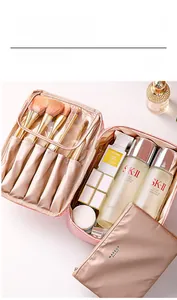 Set de trousses à maquillage rose en PU avec compartiments pinceaux et grande capacité