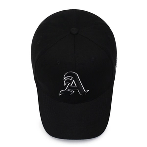 Classic black baseball cap with white A letter embroidery in a stylish collegiate design
