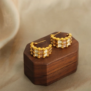 Retro C-shape gold-plated titanium steel earrings with colorful enamel geometric pattern