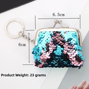 Detail view of mini sequin coin purse showing 6.5cm length and 6cm height dimensions