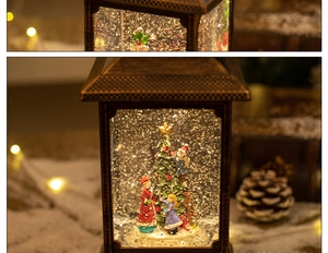 Close-up of a bronze Christmas snow globe lantern with miniature tree and festive glitter