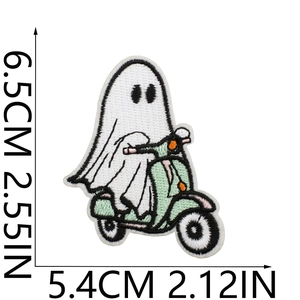 Ghost on a scooter embroidery patch dimensions 6.5x5.4 cm for Halloween decor