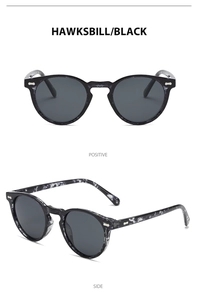 Detailed views of retro round tortoiseshell sunglasses with metal studs and black lenses