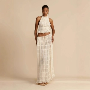 Women's ivory backless halter top and pleated maxi skirt set for 2025 fashion