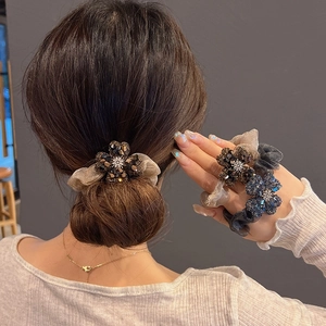 Elegant rhinestone clover scrunchie set in navy, champagne and grey mesh fabric