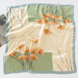 Elegant ginkgo leaf square silk scarf in light yellow and green with blue borders