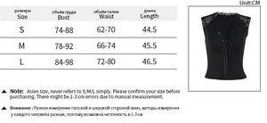 Size chart table for women lace patchwork vest with S, M, L dimensions in CM and inches