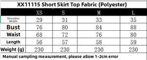 Size chart detail for sleeveless asymmetrical top showing polyester fabric specifications
