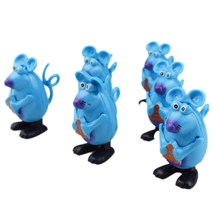 Set of five blue clockwork wind-up mice toys for cats with cheese accents on white back
