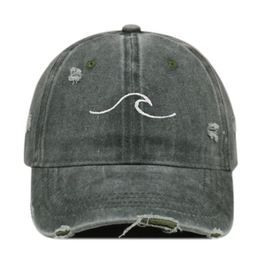 Vintage washed dark grey cotton baseball cap with white wave embroidery and distressed details