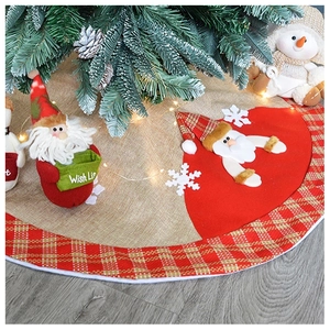 Detailed plush Santa Claus and snowman burlap Christmas tree skirt with festive 3D embroidery