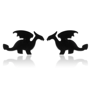 Macro shot of minimalist black flying dragon silhouette stud earrings in stainless steel