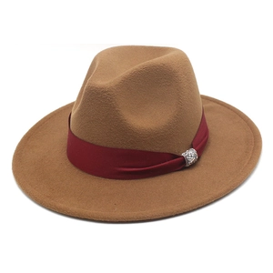 Detailed close-up of camel wool felt fedora featuring burgundy ribbon and diamond buckle