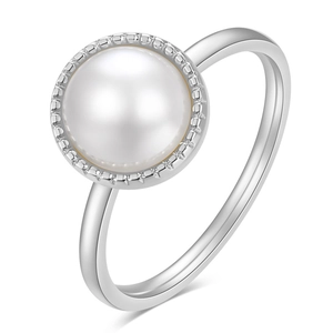 Minimalist 10mm stainless steel ring with elegant white pearl and milgrain detail