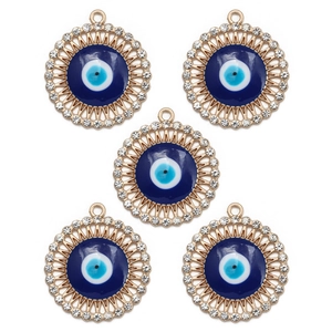 Set of five gold evil eye pendants with blue enamel and sparkling crystal details
