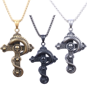 Gothic skull and snake cross pendant necklaces in gold, black, and silver finishes