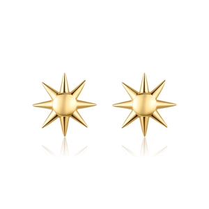 Pair of gold eight-pointed star stud earrings with a polished mirror reflection