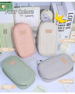 Detailed close-up of woven pencil cases in pastel pink, white, green, and grey colors