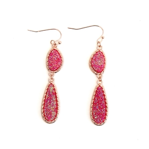 Sparkly rose red crystal teardrop earrings with elegant rose gold metal frame in dual drops
