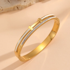 18K gold plated stainless steel bangle with diamond cross and white enamel inlay