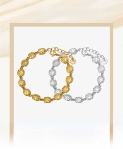 Detailed view of textured 316L stainless steel bracelet disks in gold and silver finish