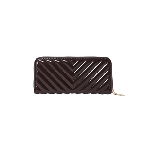 Dark brown V-quilted long wallet for women in glossy leather with secure zipper closure