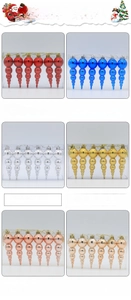 Detail view of 6-piece gourd-shaped Christmas tree ornaments in transparent PVC box packaging