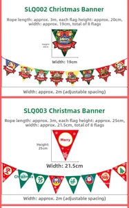 Detailed specs of Christmas bunting banners featuring Santa, elk, and 3m long strings
