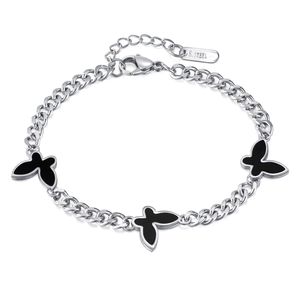 Elegant stainless steel butterfly bracelet with three black acrylic charms on silver chain