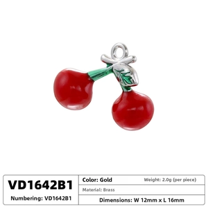 Detailed view of a red cherry fruit pendant in brass, 12mm x 16mm for DIY jewelry