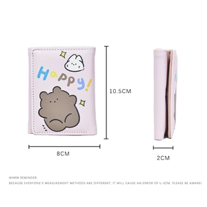 Cute cartoon bear and bunny pink trifold wallet with multiple card slots and dimensions