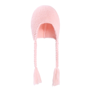 Detailed close-up of pink knit baby hat featuring thick braided earflaps and soft texture