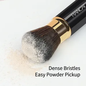 Portable retractable RANCAI powder brush with dense bristles and golden ferrule
