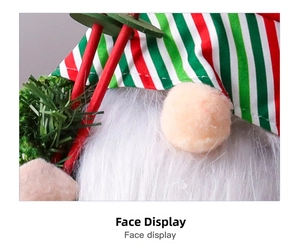 Detail of blue sequined Christmas gnome with plush white beard and striped knit hat