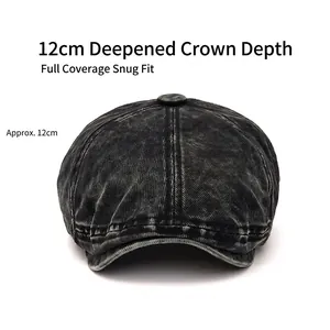 Vintage washed dark grey denim newsboy cap with 12cm deep fit and worn-out texture