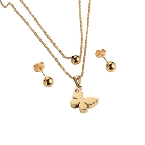 Two-layer gold titanium steel jewelry set with butterfly pendant necklace and ball studs