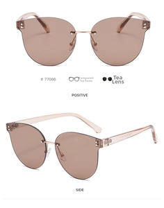 Detailed front and side views of rimless cat-eye sunglasses with transparent tea lenses