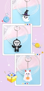 Detailed view of Halloween ghost and skeleton keychains in wizard hat and pumpkin styles