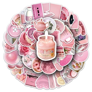 Close-up of vintage pink aesthetic stickers featuring candles, teapots, and vinyl records