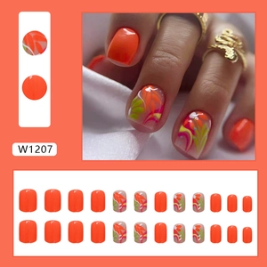 Short square vibrant orange press-on nails with colorful floral art designs for summer