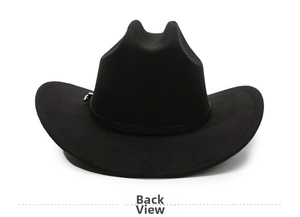 Rear view of black wool western cowboy hat with slim leather band and silver buckle