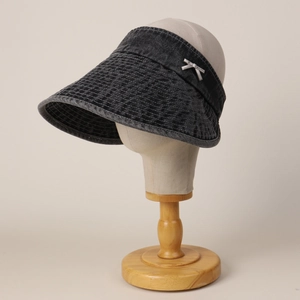 Retro denim wide brim open top sun hat for women with silver metal bow decorative accent