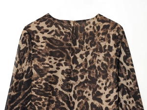 Detail view of leopard print dress with round neckline and back invisible zipper