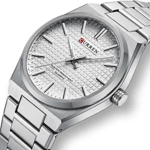 Silver stainless steel business quartz watch for men with textured dial and sleek metal strap