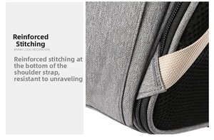 Macro shot of bartack stitching on the grey fabric shoulder strap and breathable mesh back