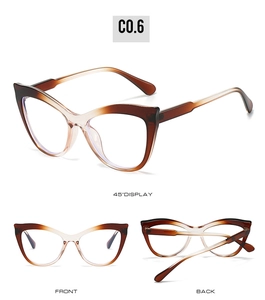 Detailed multi-angle view of amber gradient cat-eye eyeglass frames with side display