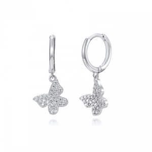 Elegant butterfly hoop earrings with sparkling zircon stones in a polished silver finish