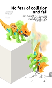 Macro view of durable take-apart triceratops toy showing modular parts and plastic screws