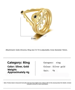 Detaillierte Maße der goldenen Evil-Eye-Ringe mit Sonnenblumen- und Zirkon-Besatz