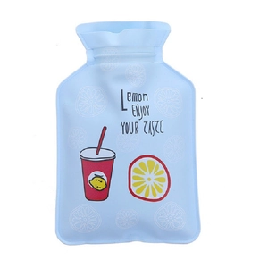 Light blue PVC hot water bottle with lemon print for effective hand warming